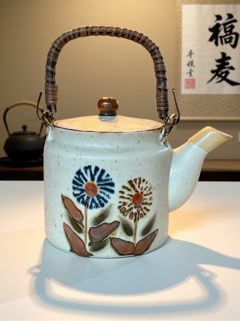 Hand-painted Ceramic Teapot in White with Blue & Brown Floral Motif